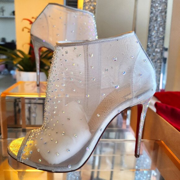 Christian Louboutin Ondessa Open Toe Stiletto Bootie Silver Nude Mesh Diamonds